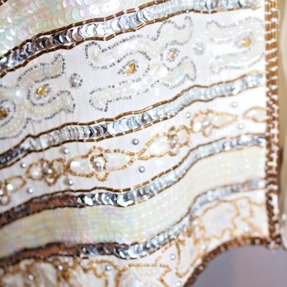 80s Evening Jacket Beads Sequins 100% Silk Ivory Gold Women's - Picture 13 of 16